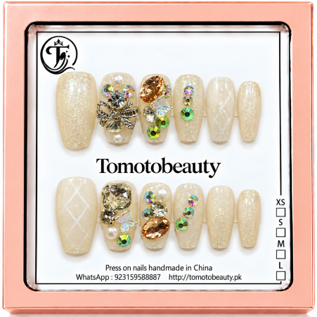 Champagne White Crystal Bow Press On Nails – A113