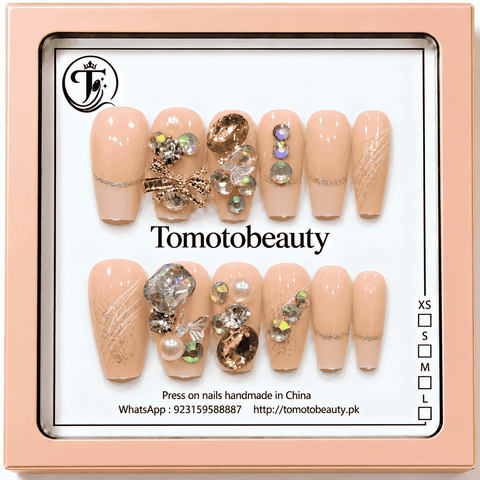 Peach Nude Pearl Crystal Press On Nails – A115