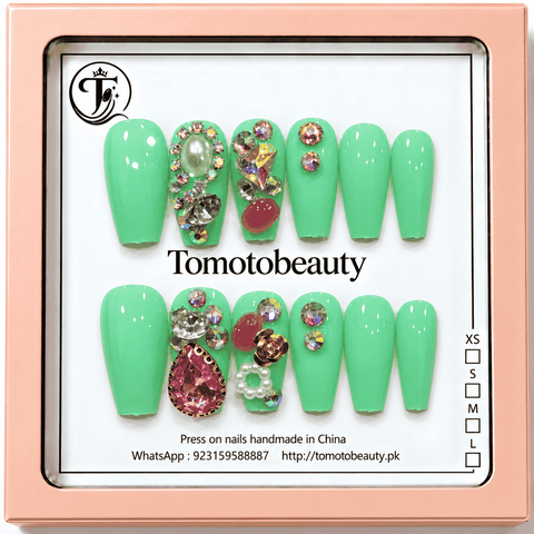 Mint green luxury press on nails with pink teardrop crystal, pearl, rose charm and shimmering rhinestones A116