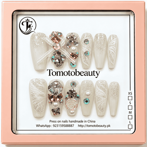 Ivory white silver glitter nails with lace effect, pearls, white ribbon and crystal jewels A117