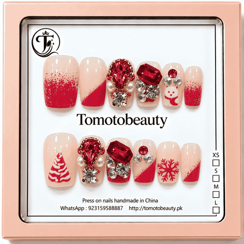 Red and nude Christmas manicure with snowflake, festive tree, red crystals and pearls A119