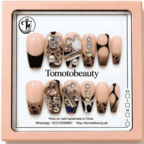 Beige leopard print brown ombre press on nails with gold bow, brown gemstone and animal pattern A121