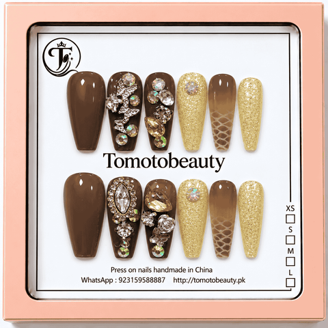 Chocolate brown and gold glitter press on nails with crystal ornaments, rose and rhinestone A122