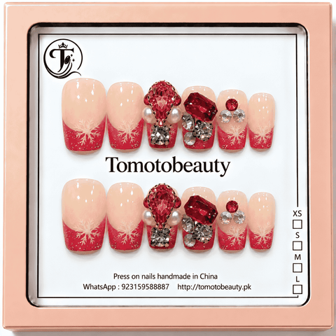 Red French tip snowflake Christmas nails with ruby gemstones and sparkling crystals A123