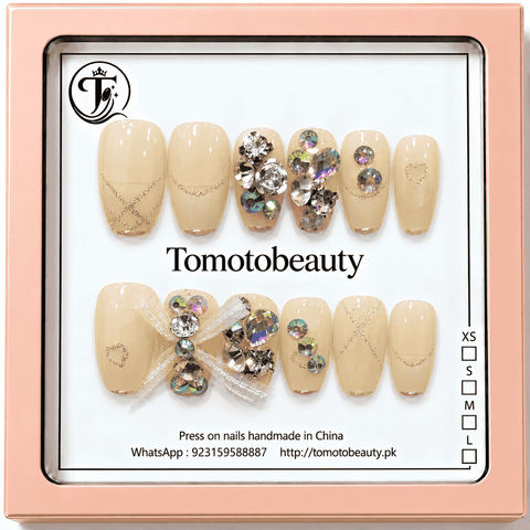 Ivory nude elegant press on nails with gold line hearts, white ribbon, pearl crystal stones A125