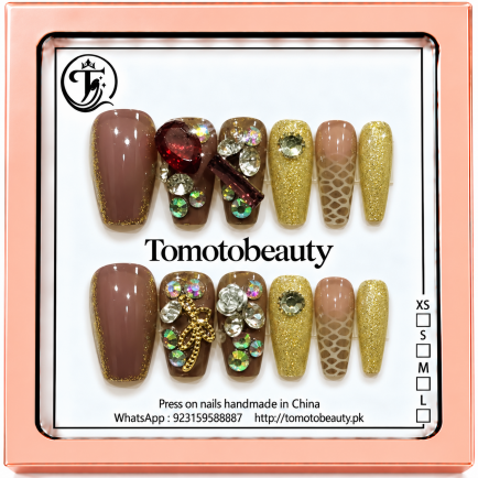 Mocha Brown Gold Glitter Crystal Press On Nails – A132