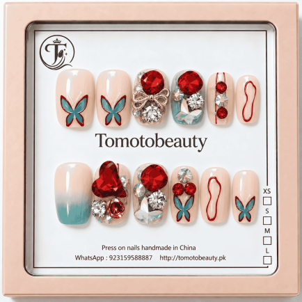 Ivory Pink Blue Butterfly Crystal Press On Nails – A133