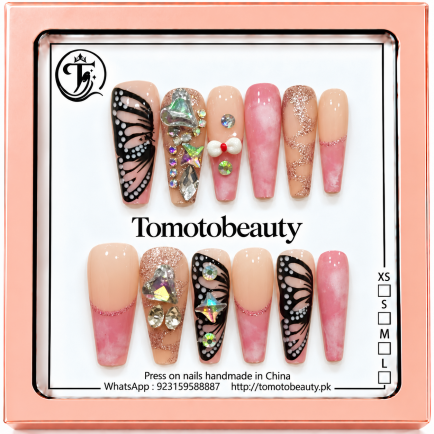Blush Pink Black Artistic Crystal Press On Nails – A134