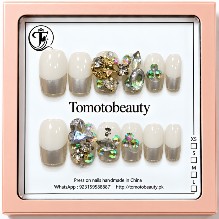 Milky White Silver Crystal Press On Nails – A135