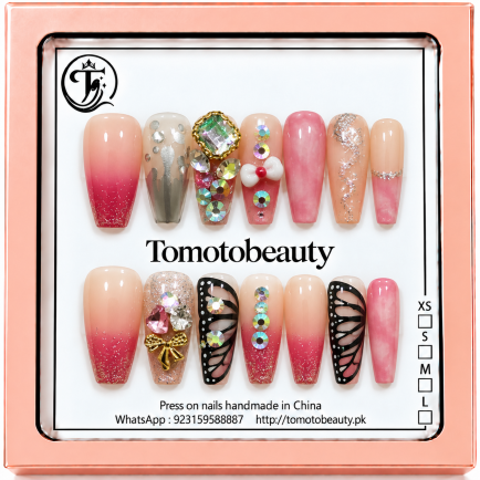 Pink Peach Ombre Crystal Floral Press On Nails – A136