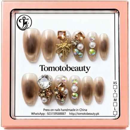 Mocha Brown Nude Crystal Press On Nails – A139