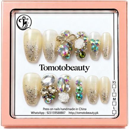 Ivory White Glitter Crystal Press On Nails – A143