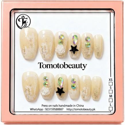 Ivory Gold Black Star Crystal Press On Nails – A144