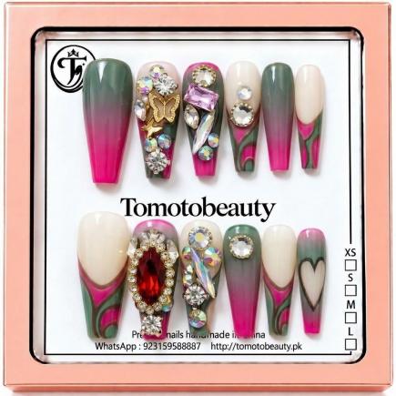 Mint Green Pink Ombre Crystal Press On Nails – A147