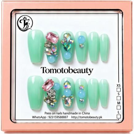 Aqua Mint Pearl Crystal Press On Nails – A148
