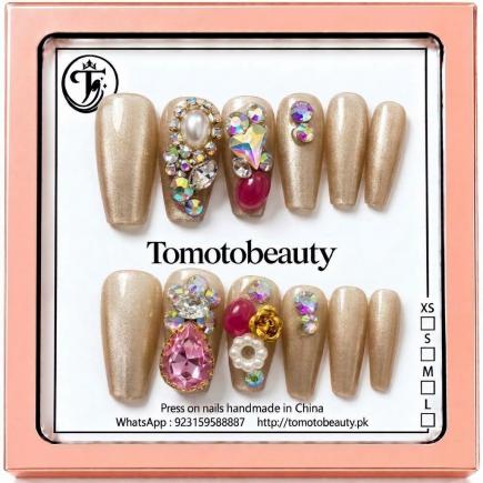 Ivory Champagne Gold Crystal Press On Nails – A151