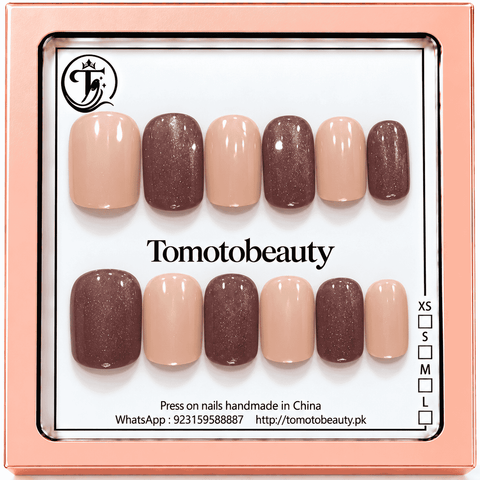 Tomoto Beauty B014: Glossy nude blush and coffee-mocha sparkle alternate across this coordinated short square nail design. A soft earthy neutral palette elevated with fin