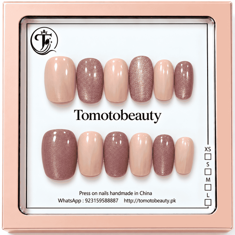 Tomoto Beauty B018: Elegant alternation of soft blush pink and taupe mocha shimmer nails. This neat short square press-on set combines glossy nude finish with sparkling c