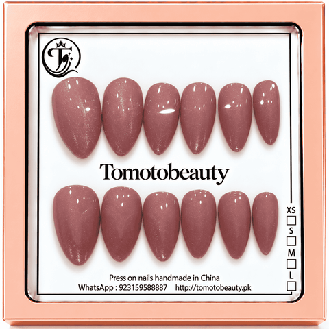 Tomoto Beauty B039: Elegant muted mauve almond shaped press-on nails with a subtle sparkling finish and smooth glossy colour.