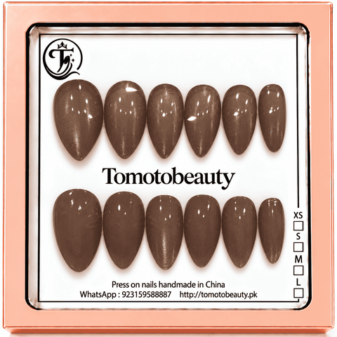 Tomoto Beauty B041: Warm mocha chocolate-brown almond press-on nails with a softly shimmering, glossy finish and elegant understated look.