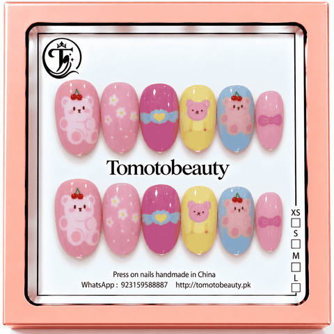 Tomoto Beauty B214 – Pastel Pink Teddy Bow Kids Press On Nails. Soft pink, blue, yellow and purple nails with teddy bears, hearts, daisies, ribbons and cherries.