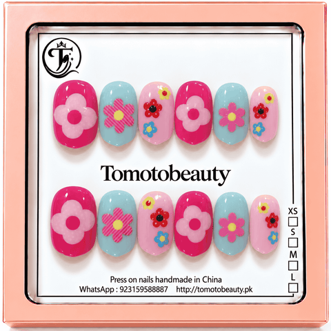 Tomoto Beauty B216 – Bright Pink Blue Daisy Flower Kids Press On Nails. Vibrant hot pink, baby blue and soft pink nails covered with bold colourful daisy and flower motifs.