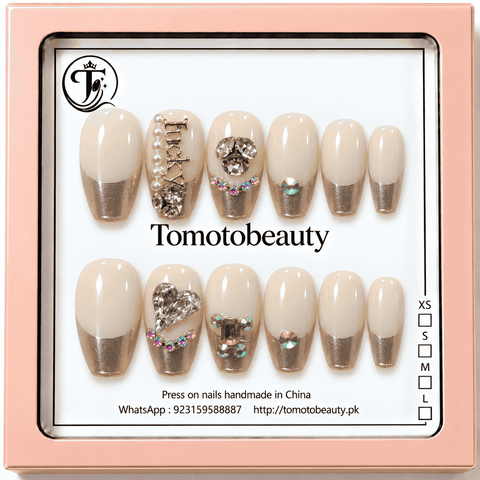 Tomoto Beauty A006 ivory cream and champagne gold French tip press on nails with LOVE lettering, pearl beads and sparkling rhinestones, 12 nails