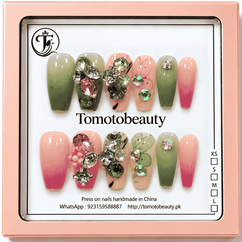 Tomoto Beauty A008 sage green and pink ombre press on nails with flower nail art, faceted green and pink crystals, sparkling rhinestones, 12 nails