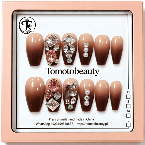 Tomoto Beauty A010 chocolate brown ombre press on nails with pink crystals, clear gemstones, white pearls and rose gold floral decorations, 12 nails
