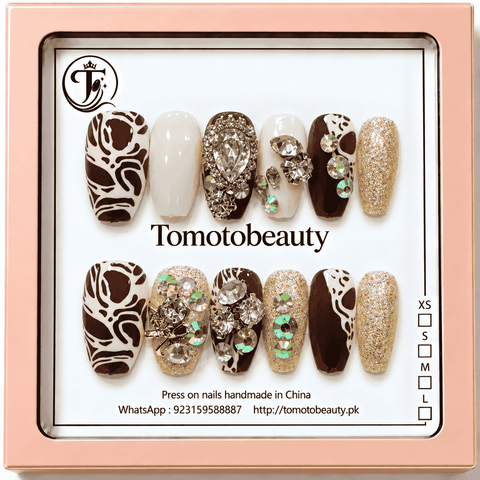 Tomoto Beauty A011 12 chocolate brown cream cow print press on nails with gold glitter and silver rhinestone crystals