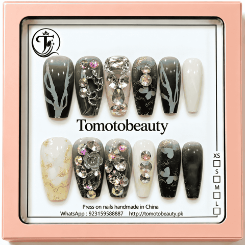 Tomoto Beauty A012 12 black charcoal gray and white press on nails with branch silhouette pattern sparkling rhinestones and silver rose accent