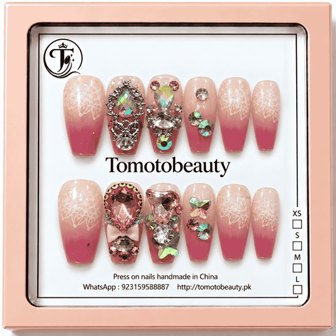 Tomoto Beauty A013 12 dusty rose pink ombre press on nails with white lace floral pattern, sparkling jeweled crystals and rhinestones