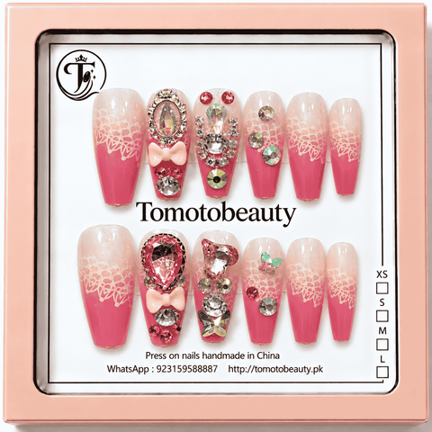 Tomoto Beauty A015 12 hot pink and sheer nude press on nails with white lace artwork 3D bows and sparkling pink rhinestones