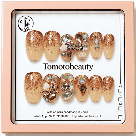 Tomoto Beauty A018 12 nude and copper rose gold glitter press on nails with silver rhinestones white rose charms and gold bow