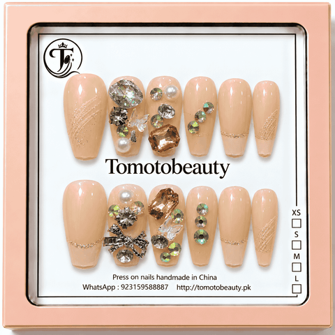 Tomoto Beauty A019 12 nude peach press on nails with champagne crystals faux pearls silver butterfly and sparkling rhinestones