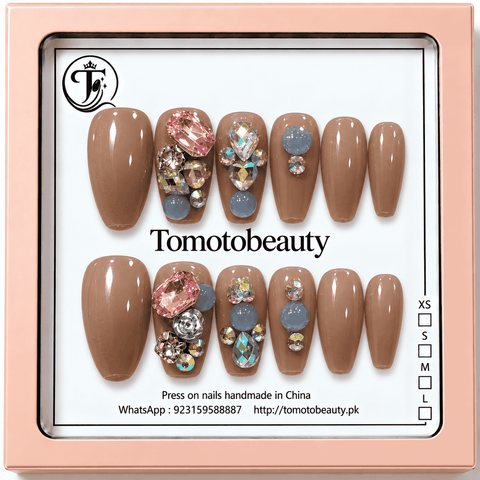 Tomoto Beauty A021 12 glossy taupe mocha brown press on nails with large pink gemstone, rhinestones and gray bead style decorations