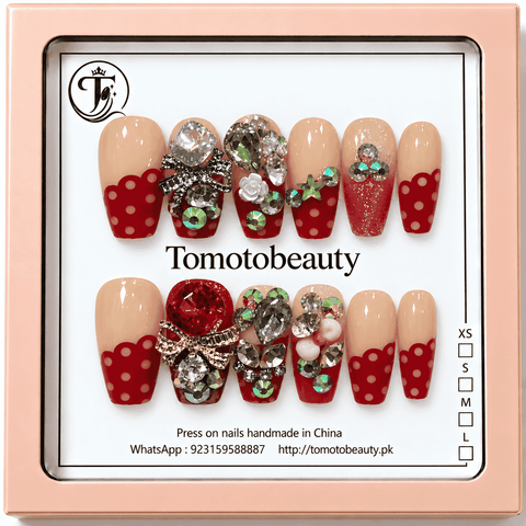 Tomoto Beauty A036 12 nude and cherry red polka dot press on nails with silver bow, large clear and red gemstones, white rose charms and sparkling rhinestones