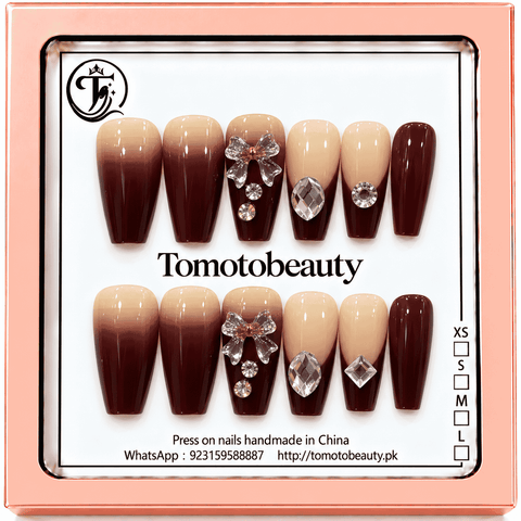 Tomoto Beauty C112 – Champagne Pearl Crystal Floral Press On Nails. Elegant champagne-nude shimmer nails decorated with pearl and crystal oval accents, sculpted white roses and sparkling rhinestones.