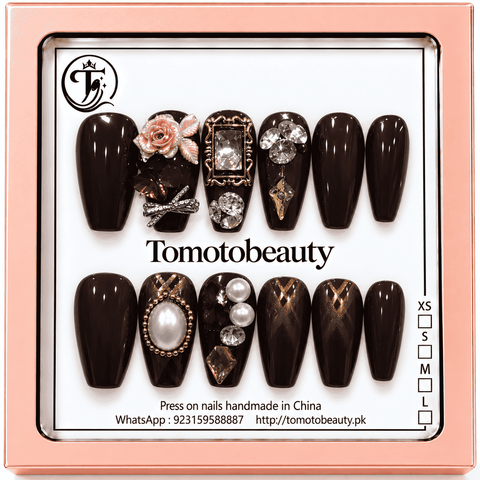 Tomoto Beauty C202 espresso brown coffin-shaped rose, pearl and crystal press on nails