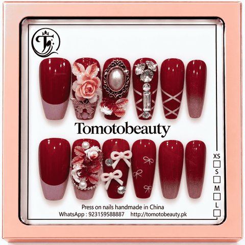 Tomoto Beauty C204 burgundy red 3d rose crystal press on nails, premium press on nails Pakistan