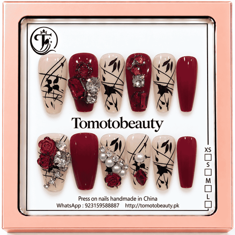 Tomoto Beauty C205 burgundy red botanical crystal press on nails, premium press on nails Pakistan