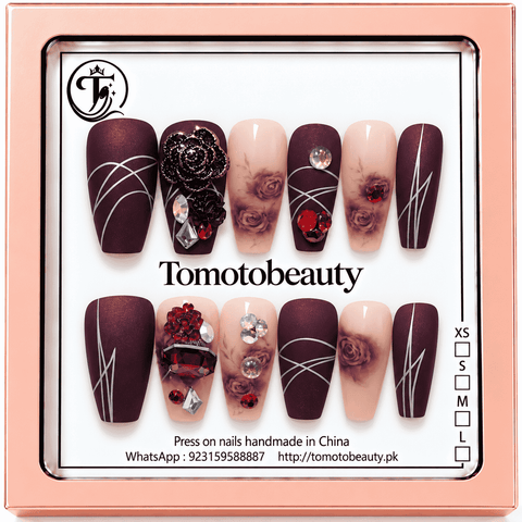 Tomoto Beauty C206 plum burgundy rose crystal press on nails, premium press on nails Pakistan