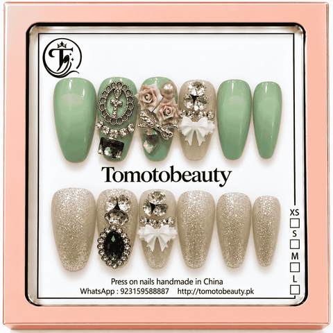 Tomoto Beauty C207 sage green floral pearl crystal press on nails, premium press on nails Pakistan