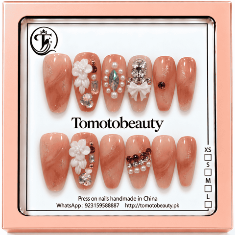 Tomoto Beauty C209 coral peach floral pearl crystal press on nails, premium press on nails Pakistan