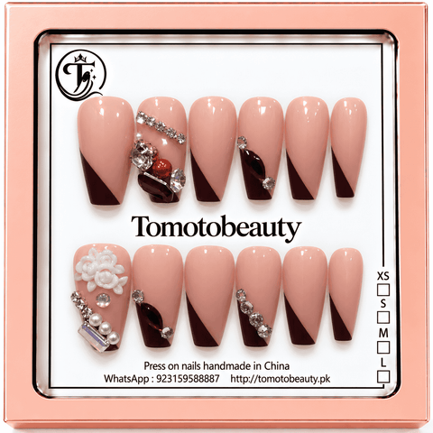 Tomoto Beauty C210 nude chocolate french tip crystal press on nails, premium press on nails Pakistan