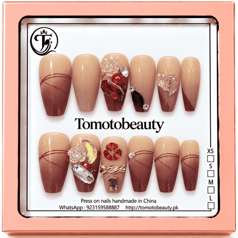 Tomoto Beauty C211 caramel rose crystal ombre press on nails, premium press on nails Pakistan