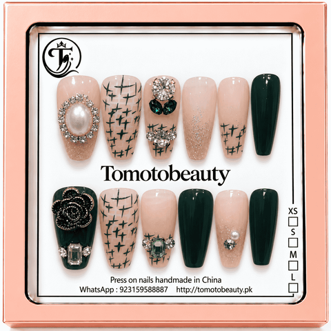 Tomoto Beauty C212 nude forest green pearl crystal press on nails, premium press on nails Pakistan