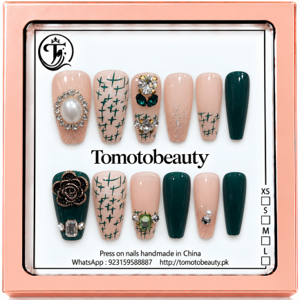 Nude Emerald Green Pearl Crystal Press On Nails – C213