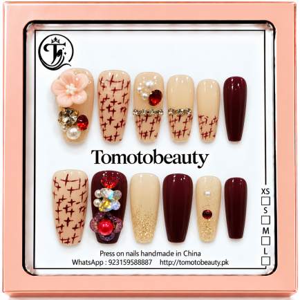 Nude burgundy floral crystal press-on nails C214 by Tomoto Beauty
