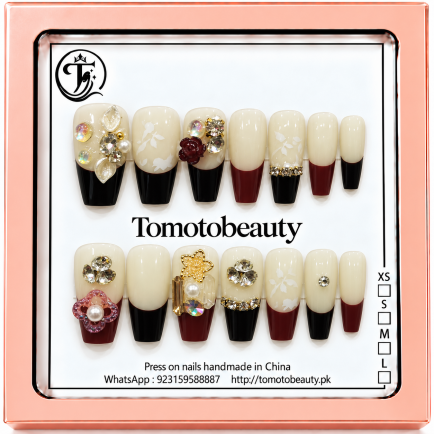 Ivory Black French Tip Gold Bow Crystal Press On Nails – C215 – Tomoto Beauty